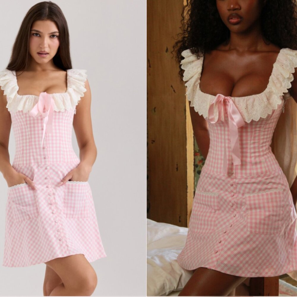 House of CB Astra pink gingham cotton ruffle neck mini dress NWOT
